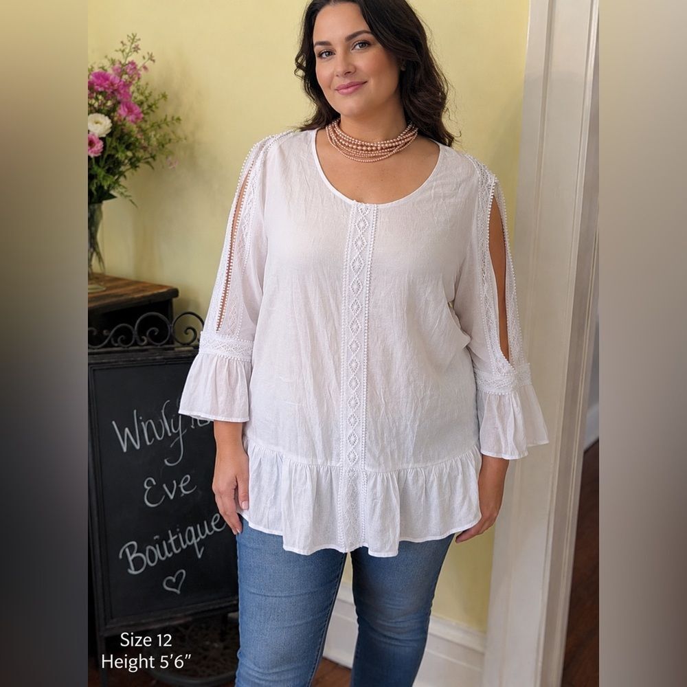 NWT NY Collection Coastal Airy Gauzy cold-shoulder White Top Sz 1X Plus